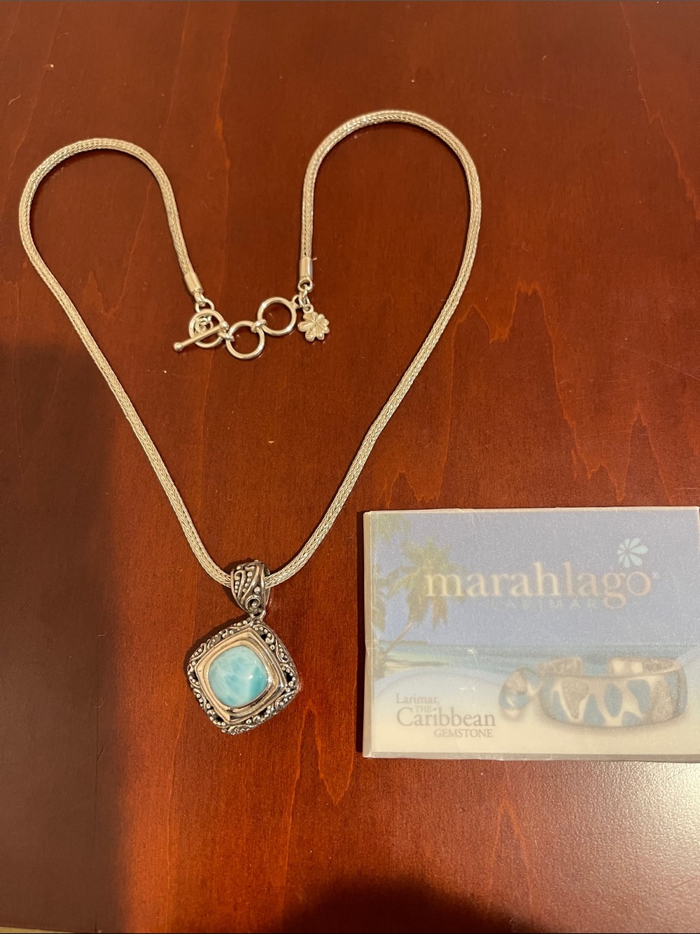 Marahlago Sterling Silver & Caribbean Larimar Necklace Adj. 18” - 19” - Picture 4 of 10